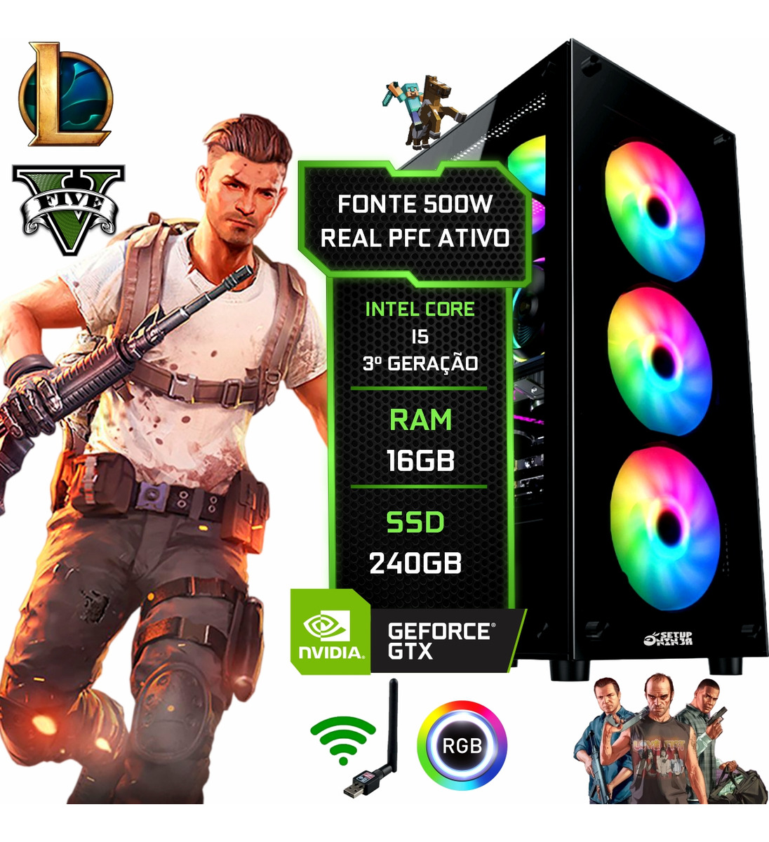Cupom 20% OFF – PC Gamer Intel Core i5, 16GB RAM, SSD 240GB, Gráficos HD 2500, Gabinete RGB – Setup Ninja