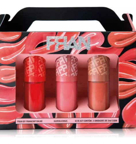 Kit 3 Gloss Labial Glosslicious Franciny Ehlke – Acabamento Vinílico e Ultra Brilho 3D