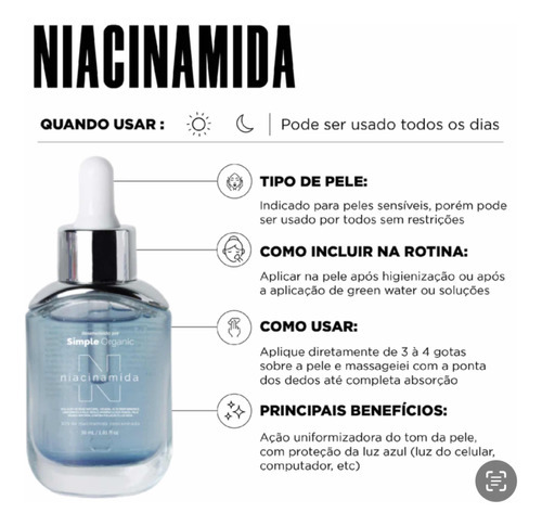 Simple Organic Niacinamida 30ml – Gel Facial Dia e Noite para Todos os Tipos de Pele