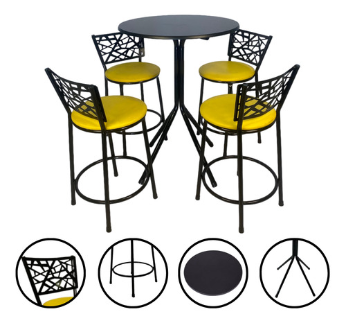 Jogo Mesa Bistrô Redonda com 4 Banquetas Baixas TMF – Estrutura de Aço, Assento Estofado, Ideal para Cozinhas e Varandas