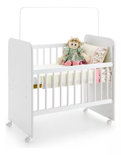 Mini Berço Bed Side L Móveis Doce Encanto com Colchão, Grade Móvel e Rodízios – Branco Compacto 88x45cm