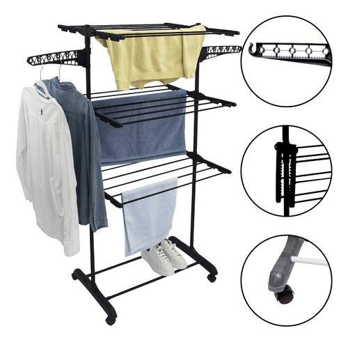 Varal de Chão 3 Andares Dobrável Kontuz 170cm com Rodinhas – Azul – Suporta até 10kg