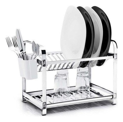 Escorredor de Louça Aço Inox 16 Pratos com Porta-Talher Preto