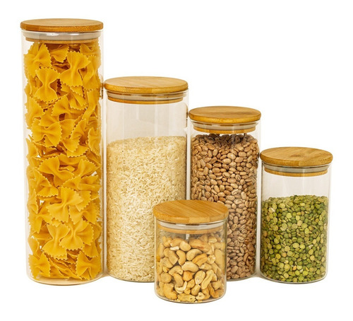 Kit 5 Potes de Vidro Herméticos Oikos com Tampa de Bambu – Empilháveis, Sustentáveis e Elegantes
