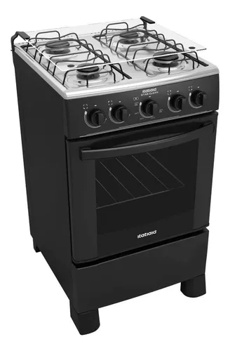 Fogão 4 Bocas Itatiaia Star Clean Preto com Forno 51L, Gás GLP, Acendimento Manual e Trempes de Aço