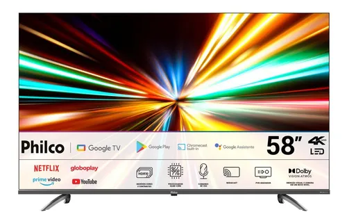 Smart TV Philco 58” 4K UHD LED Google TV HDR10, Wi-Fi Dual Band, Bluetooth 5.1, 3 HDMI, Comando de Voz – P58KGA