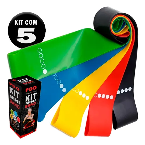 Kit Faixas Elásticas PDO Store Mini Band 5 Resistências Látex – Para Treino, Pilates, Fisioterapia e Musculação