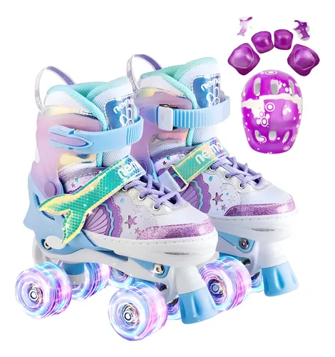 Patins Quad Infantil Ajustável + Kit Proteção – Rodinhas LED e Alta Performance