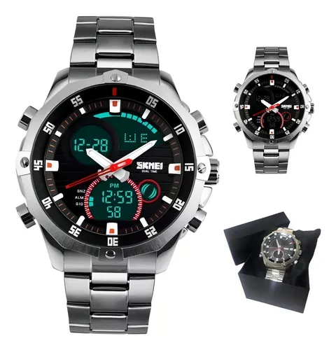 Relógio Masculino Skmei 1146 Analógico-Digital Prateado – Aço Inox, Fundo Preto, Resistente à Água 30m