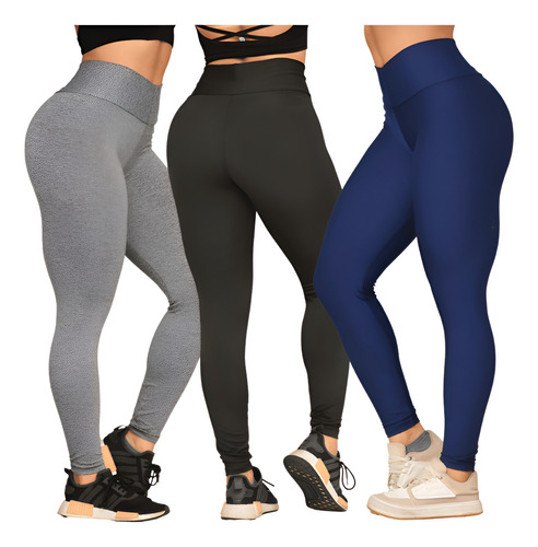 Kit com 3 Calças Legging Suplex Feminina Cós Alto – Grossa, Não Transparente, Tamanhos M ao GG