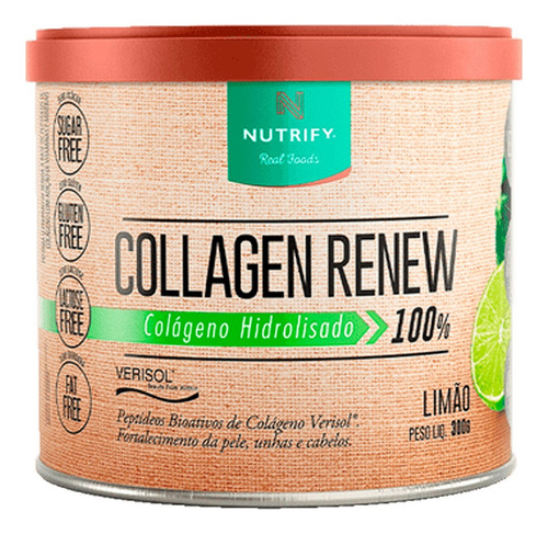 Collagen Renew Nutrify com Verisol e vitamina C. Suplemento em pó sabor maçã verde, com 300g por unidade